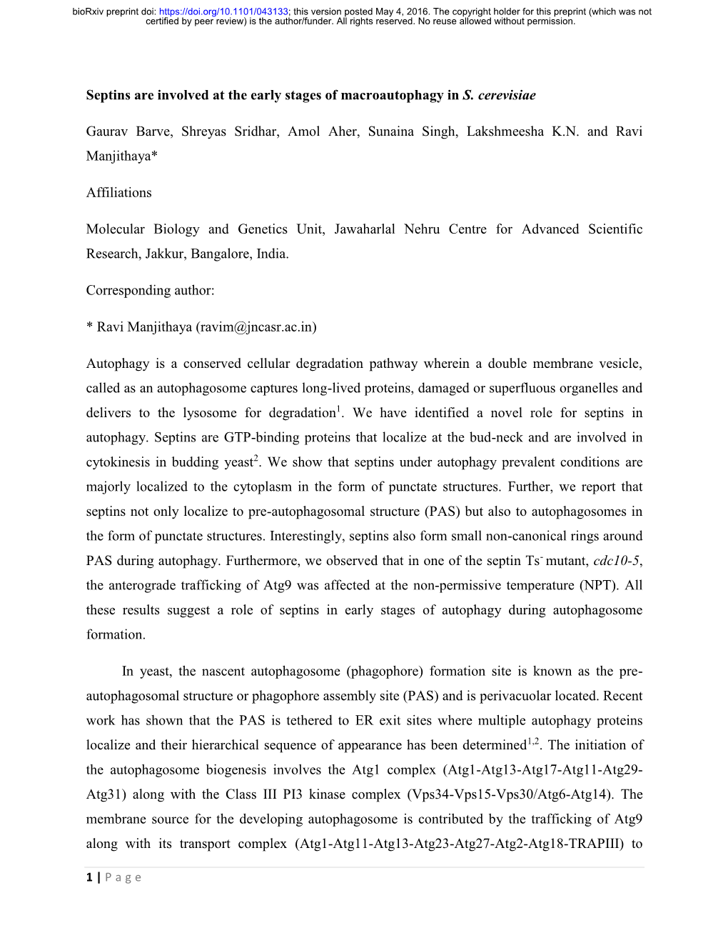 Septins Are Involved at the Early Stages of Macroautophagy in S