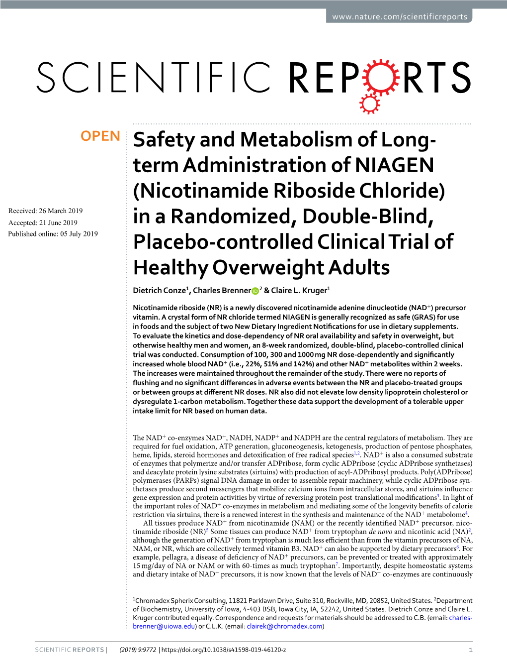 (Nicotinamide Riboside Chloride) in a Randomized, Double-Blind, Plac