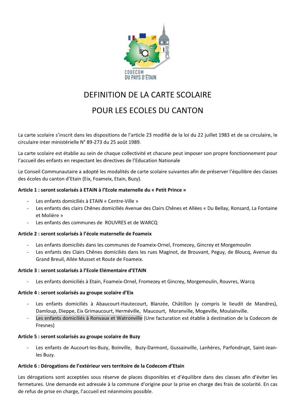 Definition De La Carte Scolaire Pour Les Ecoles Du Canton