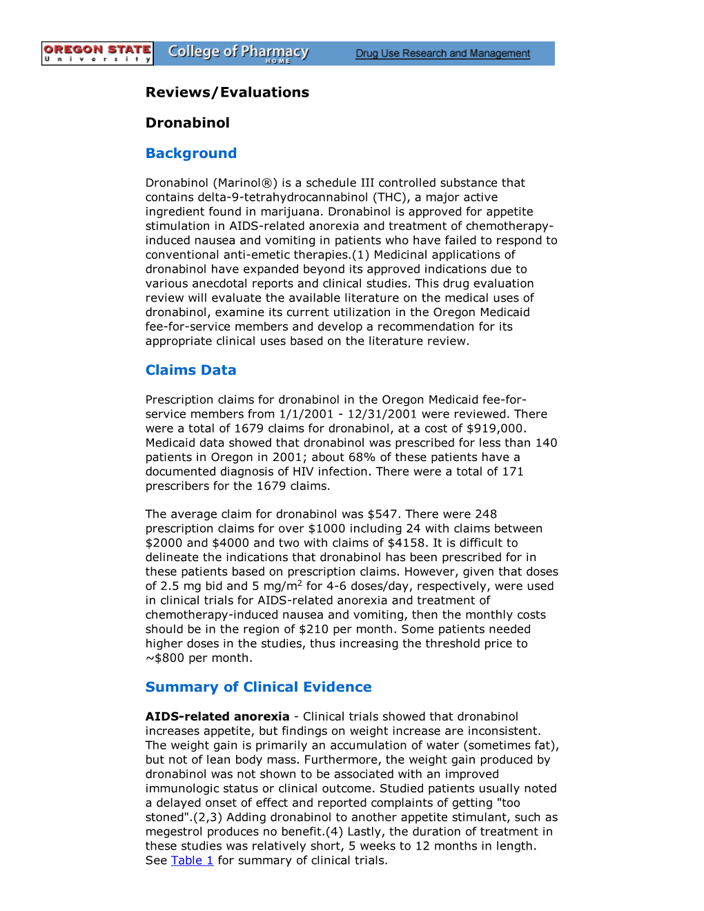 Reviews/Evaluations Dronabinol Background Claims Data Summary of Clinical Evidence