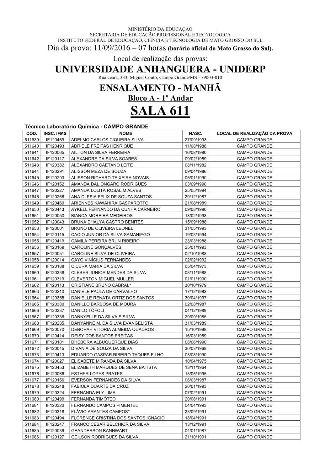 SALAMENTO - MANHÃ Bloco a - 1º Andar SALA 611