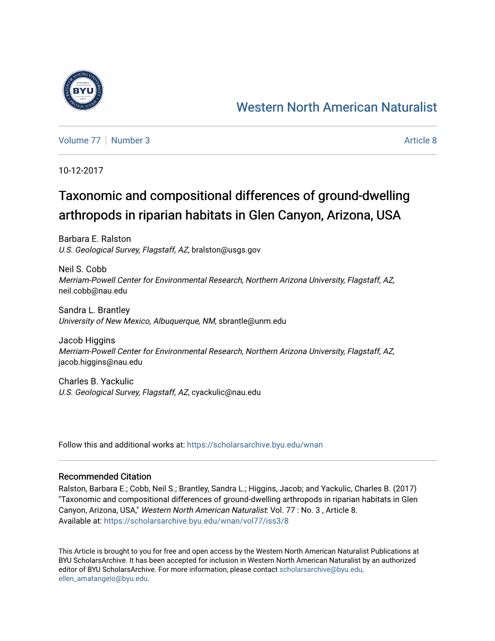 Taxonomic and Compositional Differences of Ground-Dwelling Arthropods in Riparian Habitats in Glen Canyon, Arizona, USA