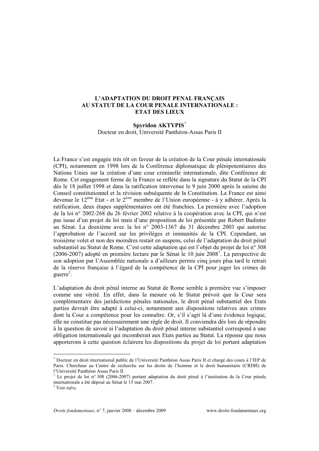 L'adaptation Du Droit Pénal Français Au Statut De La Cour Pénale Internationale