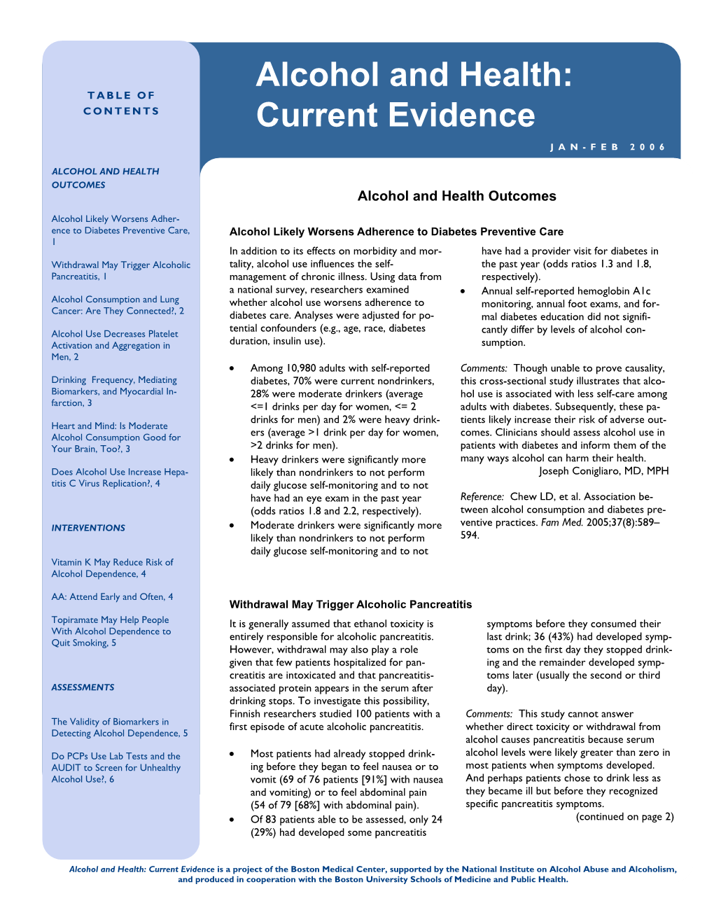 Alcohol and Health: TABLE of CONTENTS Current Evidence