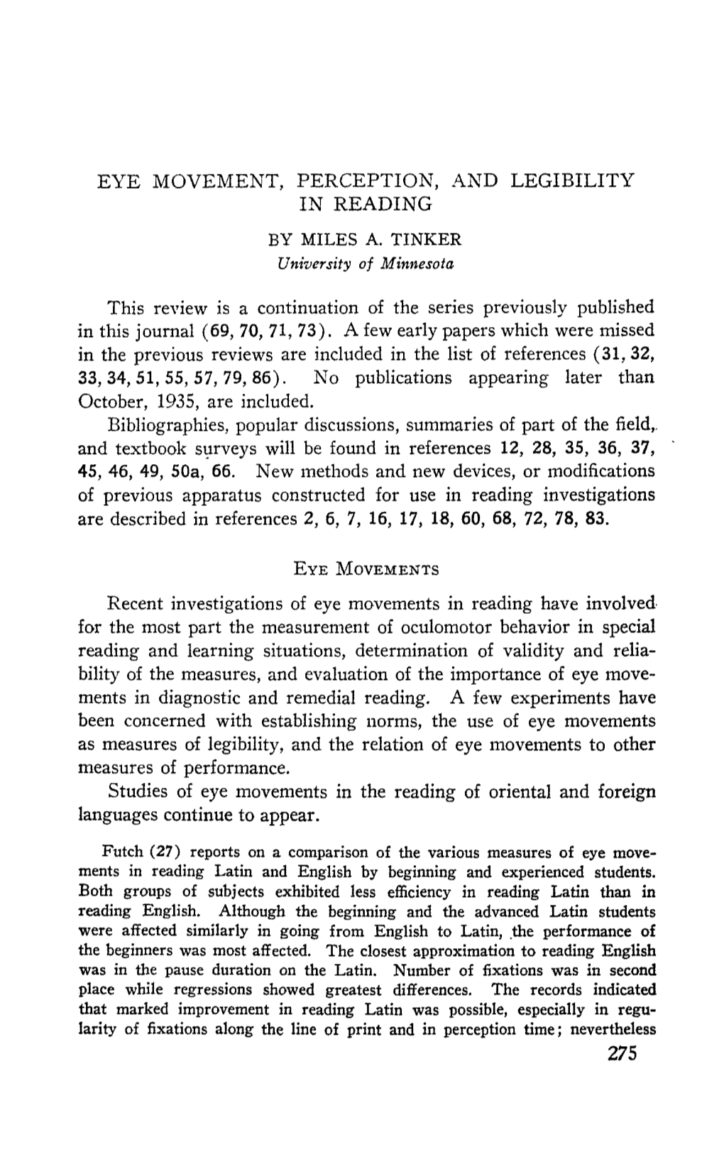 Eye Movement, Perception, and Legibility in Reading by Miles A