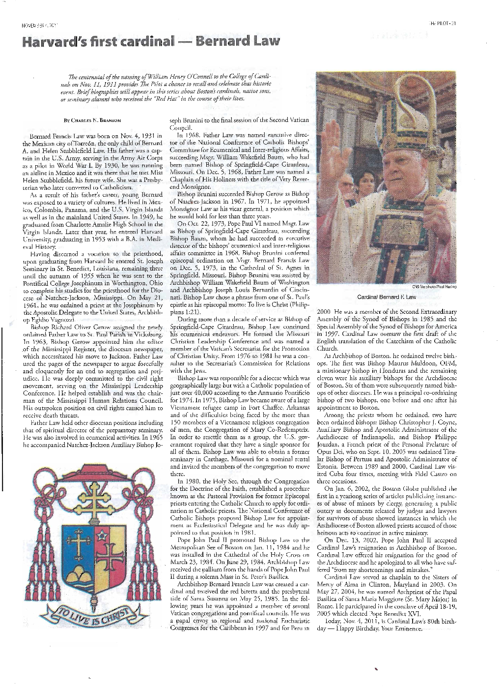 Harvard's First Cardinal - Bernard Law