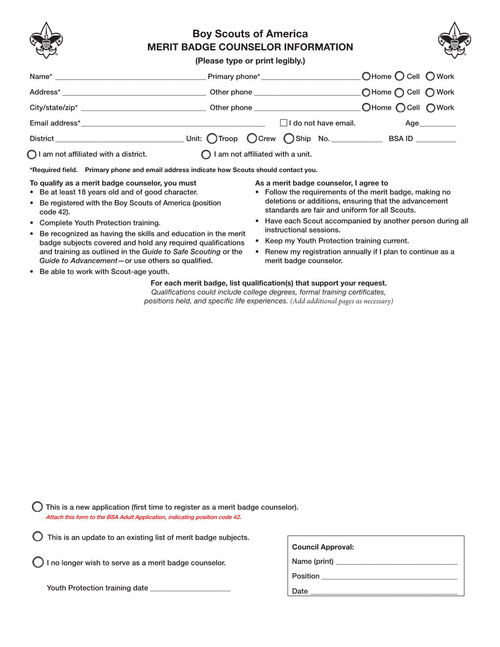 Boy Scouts of America MERIT BADGE COUNSELOR INFORMATION (Please Type Or Print Legibly.)