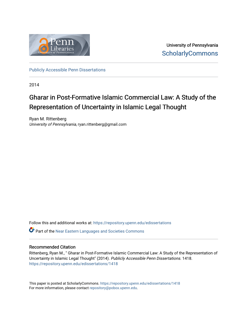 Gharar in Post-Formative Islamic Commercial Law: a Study of the Representation of Uncertainty in Islamic Legal Thought