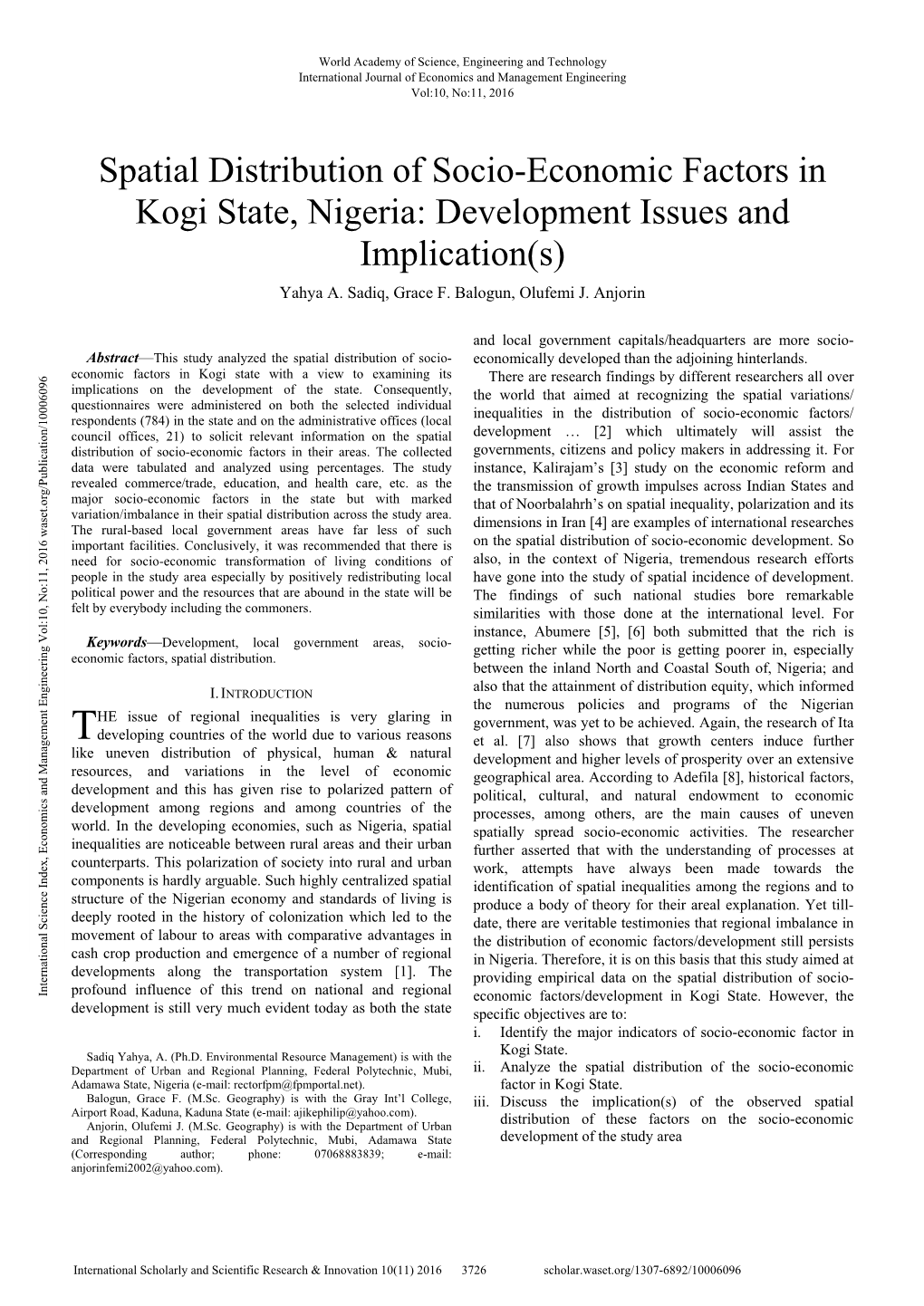 Spatial Distribution of Socio-Economic Factors in Kogi State, Nigeria: Development Issues and Implication(S) Yahya A