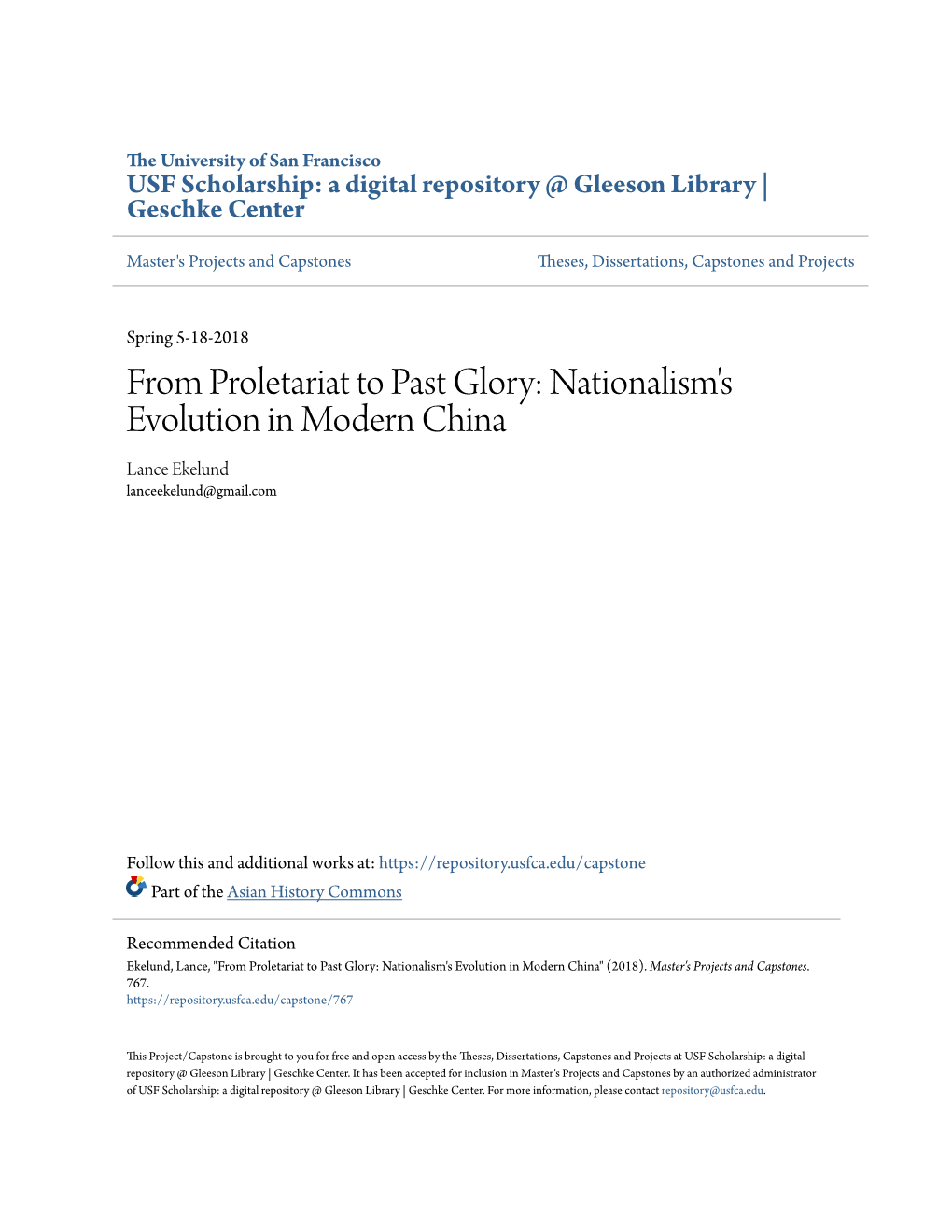 Nationalism's Evolution in Modern China Lance Ekelund Lanceekelund@Gmail.Com