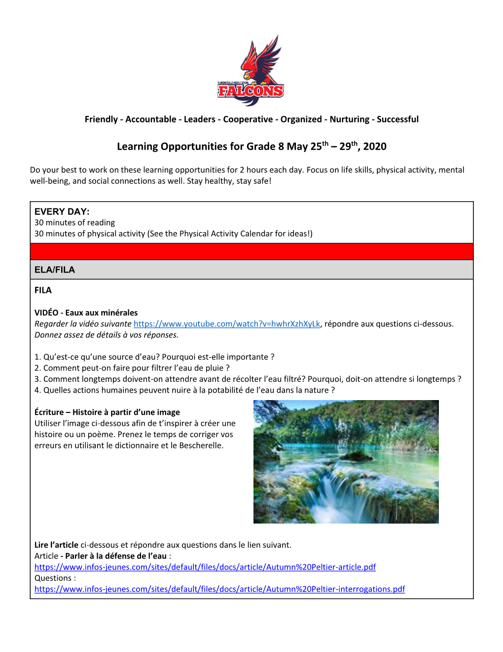 Learning Opportunities for Grade 8 May 25Th – 29Th, 2020