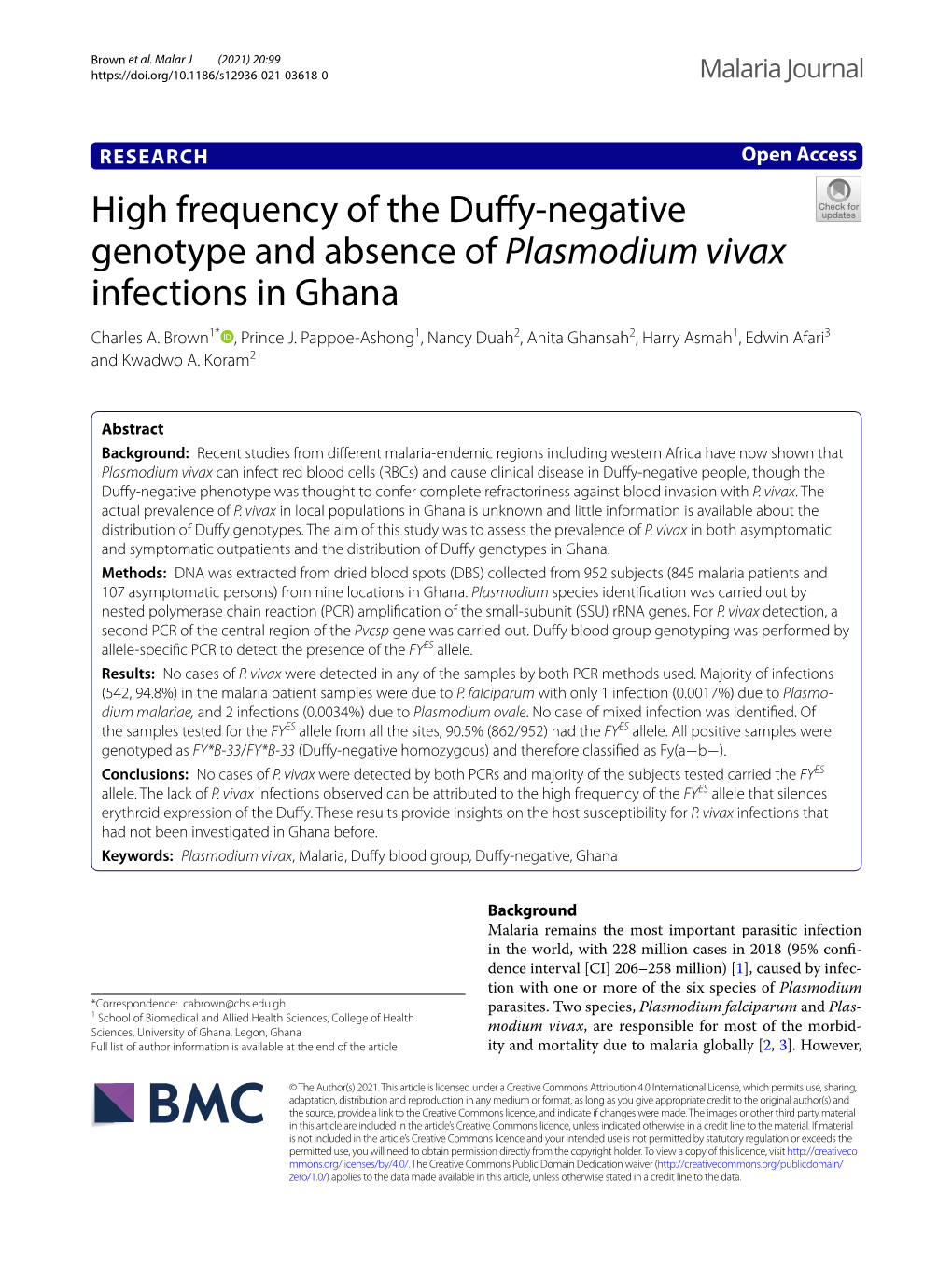 High Frequency of the Duffy-Negative Genotype and Absence Of