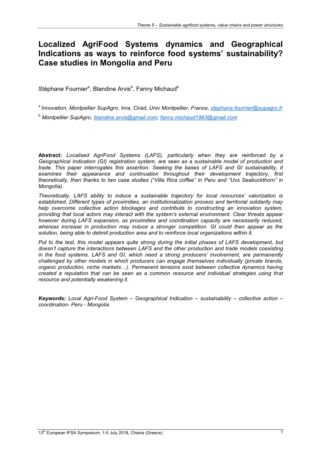 Localized Agrifood Systems Dynamics and Geographical Indications As Ways to Reinforce Food Systems’ Sustainability? Case Studies in Mongolia and Peru