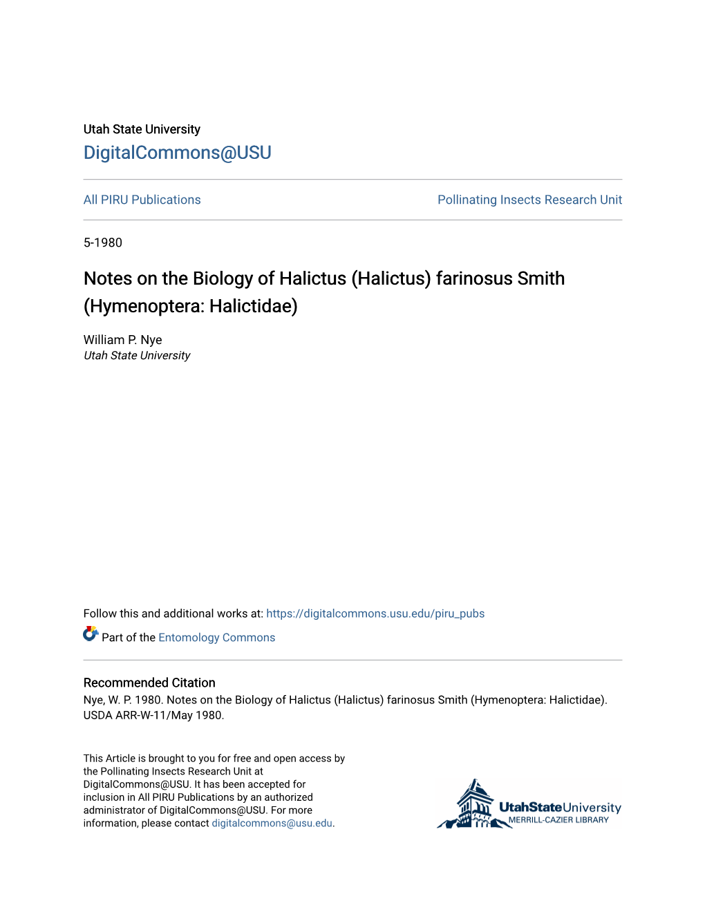 Notes on the Biology of Halictus (Halictus) Farinosus Smith (Hymenoptera: Halictidae)