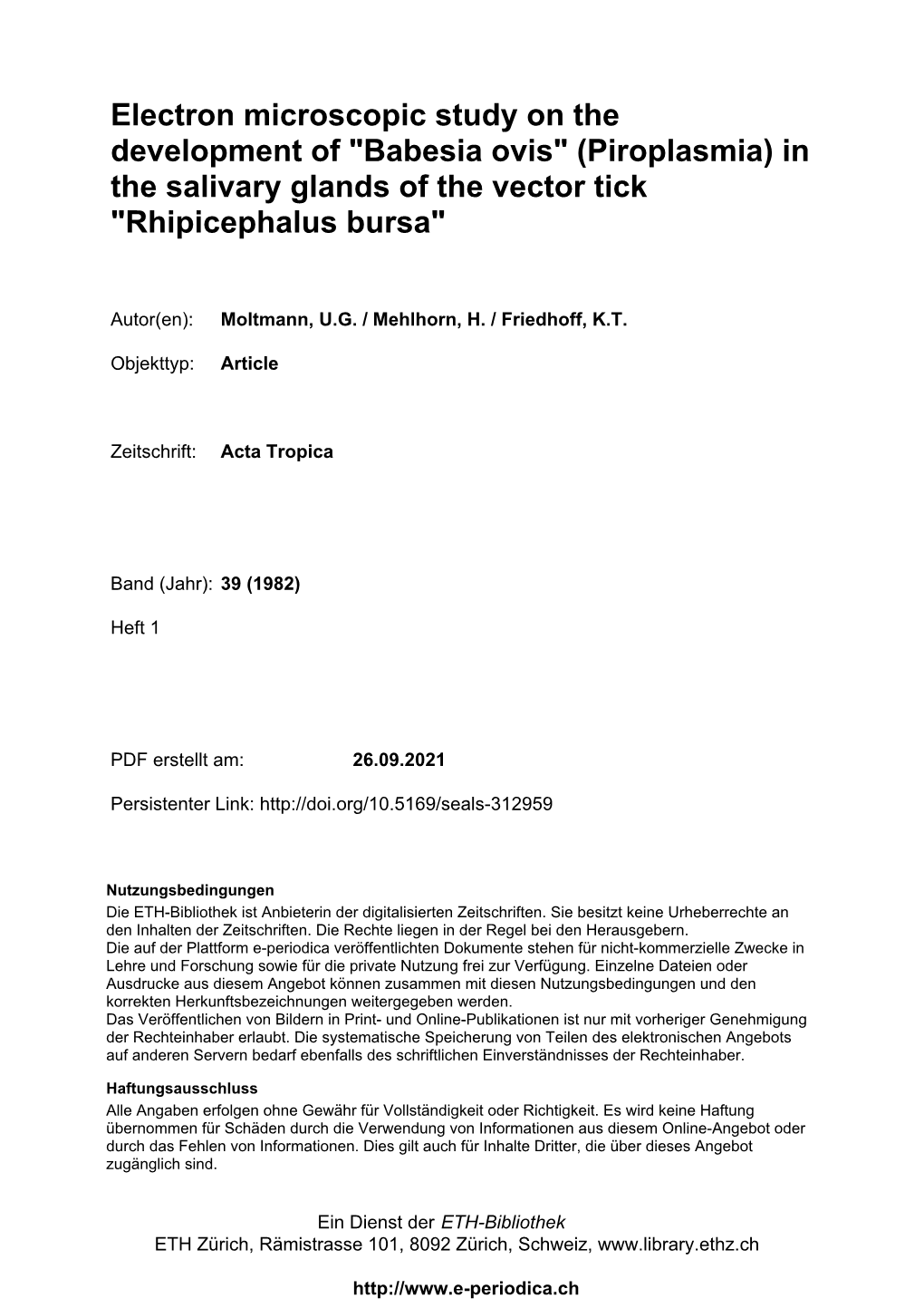 Babesia Ovis" (Piroplasmia) in the Salivary Glands of the Vector Tick "Rhipicephalus Bursa"