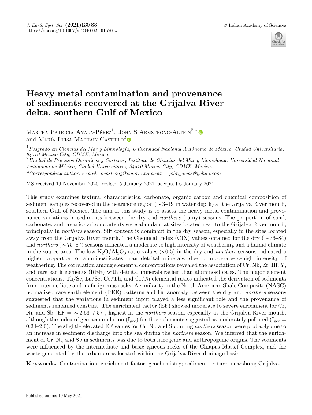 Heavy Metal Contamination and Provenance of Sediments Recovered at the Grijalva River Delta, Southern Gulf of Mexico