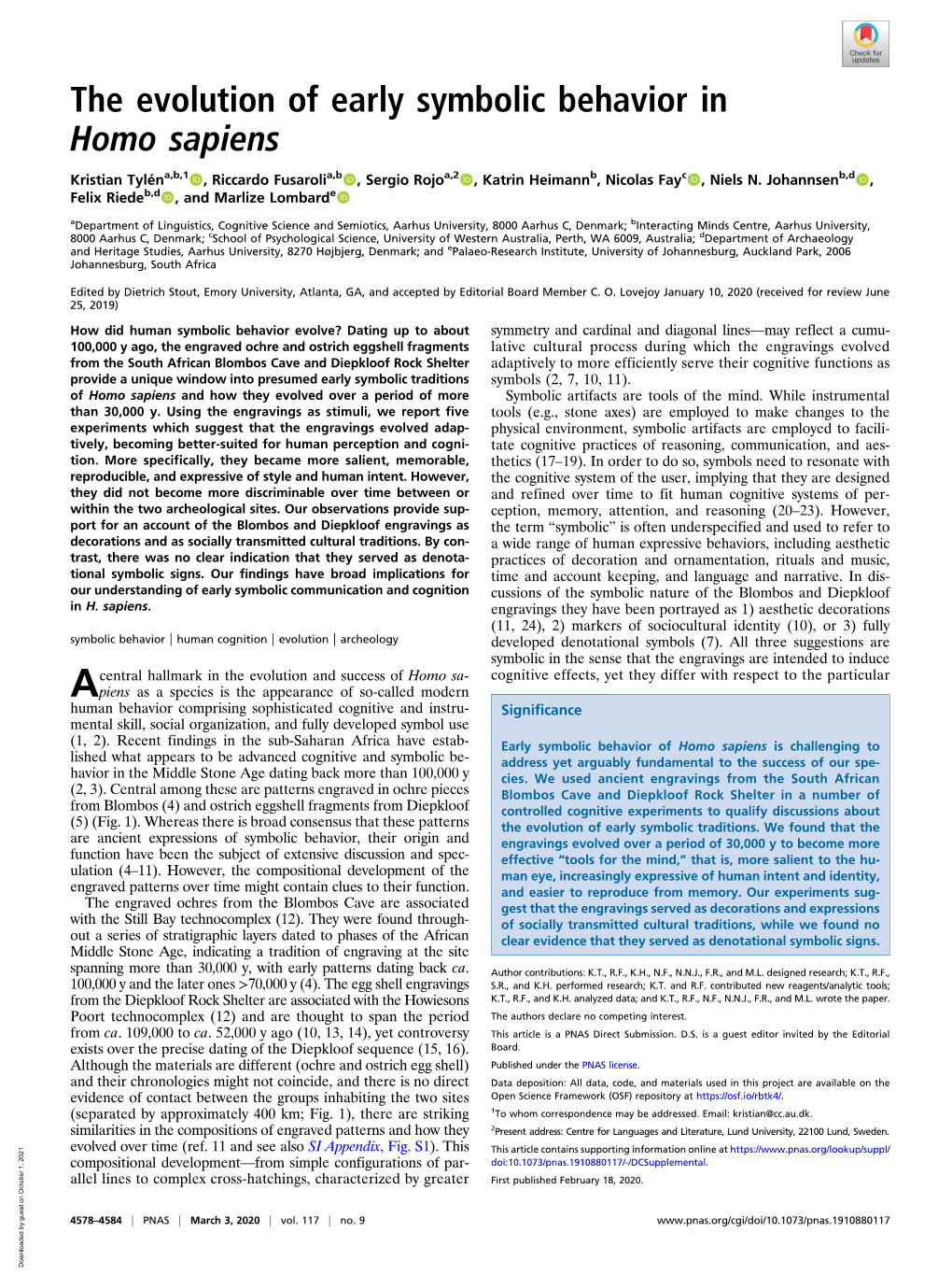 The Evolution of Early Symbolic Behavior in Homo Sapiens