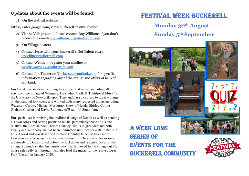 Festival Week Buckerell 1) on the Festival Website: Th Monday 30 August – 2) Via the Village Email