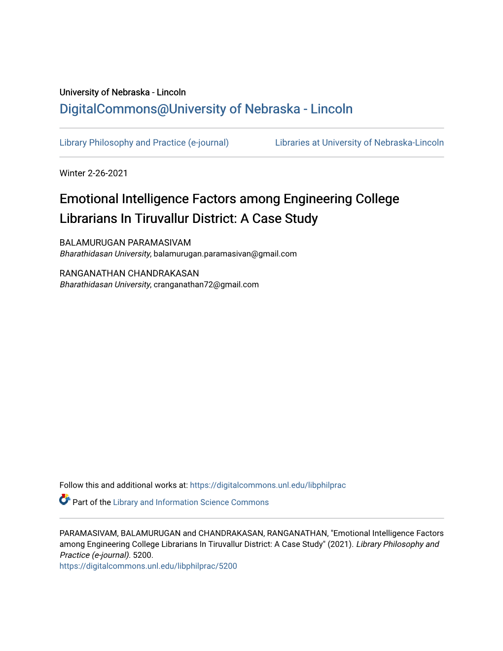 Emotional Intelligence Factors Among Engineering College Librarians in Tiruvallur District: a Case Study