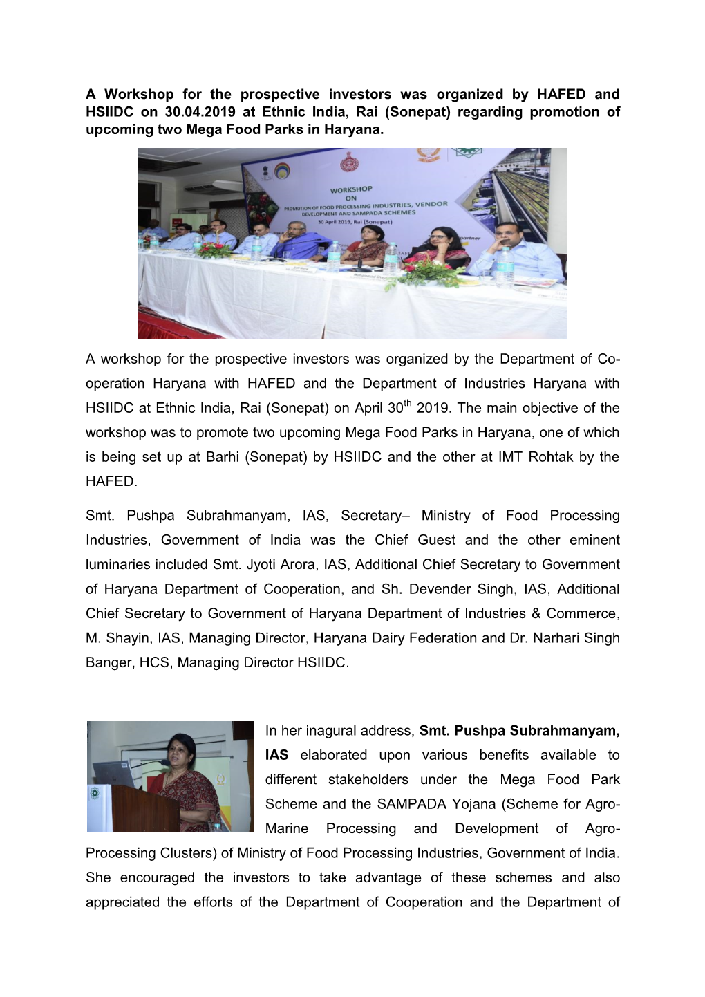 A Workshop for the Prospective Investors Was Organized by HAFED