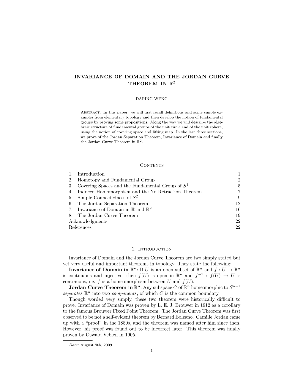 Invariance of Domain and the Jordan Curve Theorem in R2