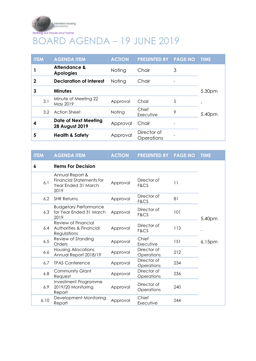 Board Agenda – 19 June 2019