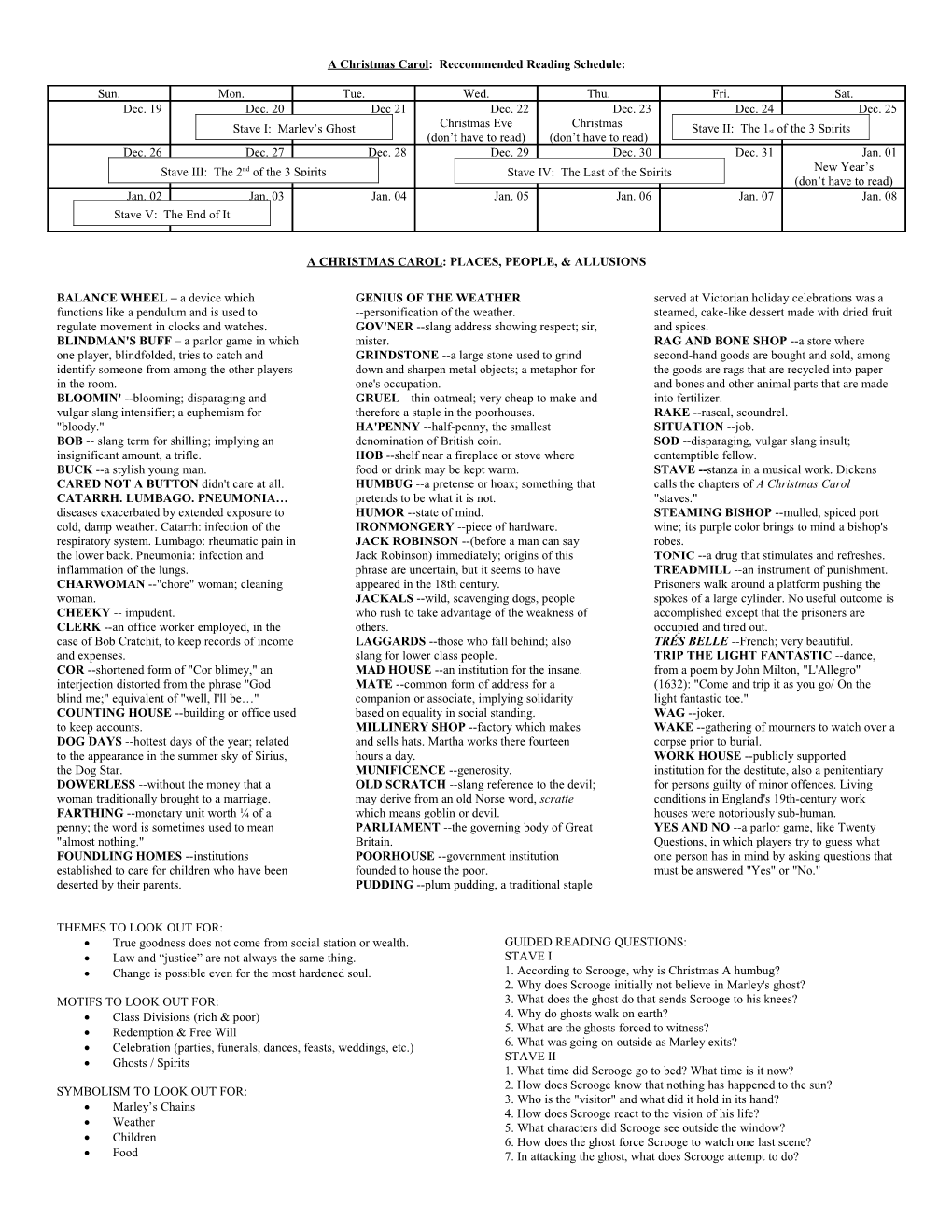 A Christmas Carol: Reccommended Reading Schedule