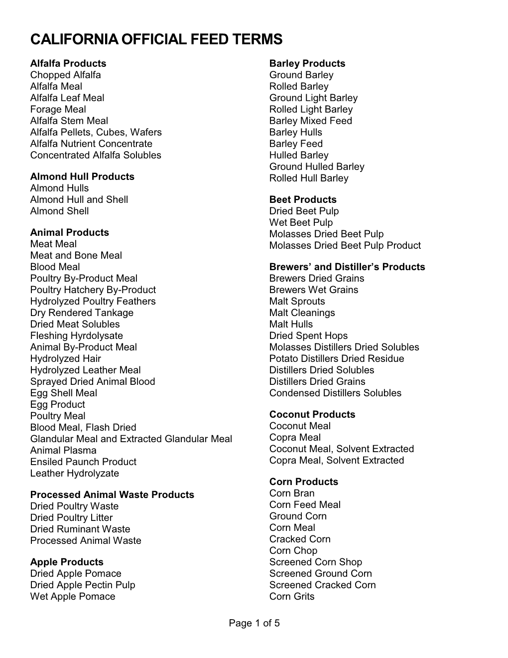 California Official Feed Terms