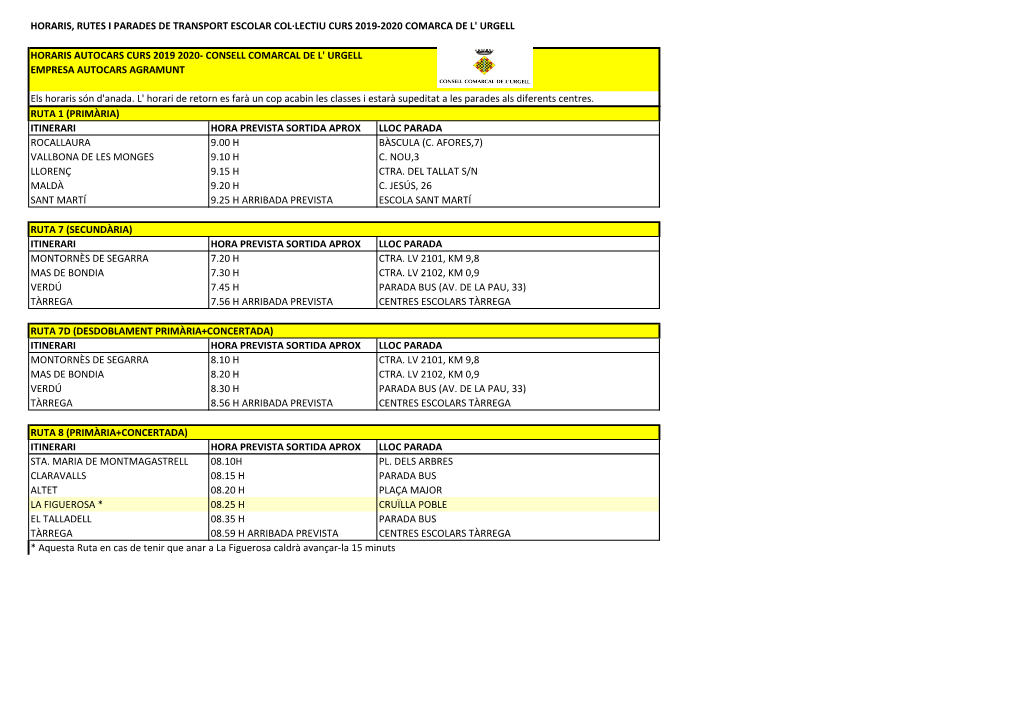 Horaris, Rutes I Parades De Transport Escolar Col·Lectiu Curs 2019-2020 Comarca De L'urgell