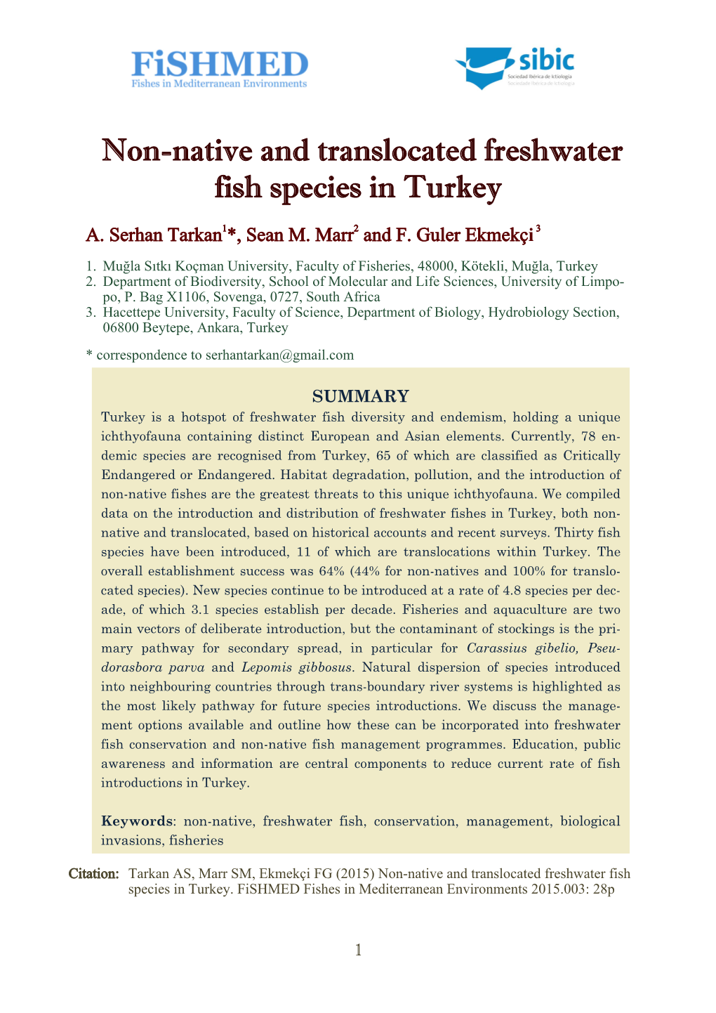 Non-Native and Translocated Freshwater Fish Species in Turkey