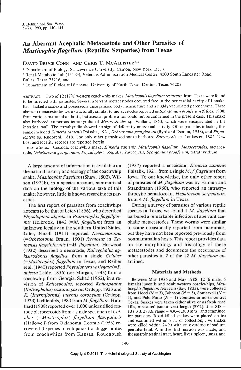 An Aberrant Acephalic Metacestode and Other Parasites of Masticophis Flagellum (Reptilia: Serpentes) from Texas