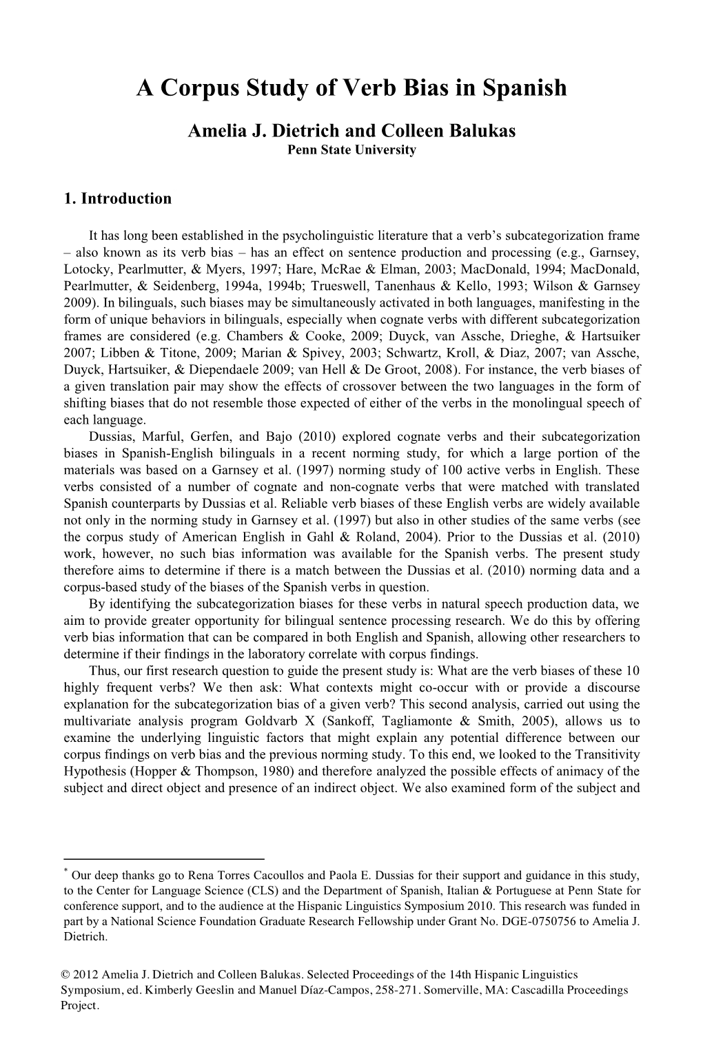 A Corpus Study of Verb Bias in Spanish