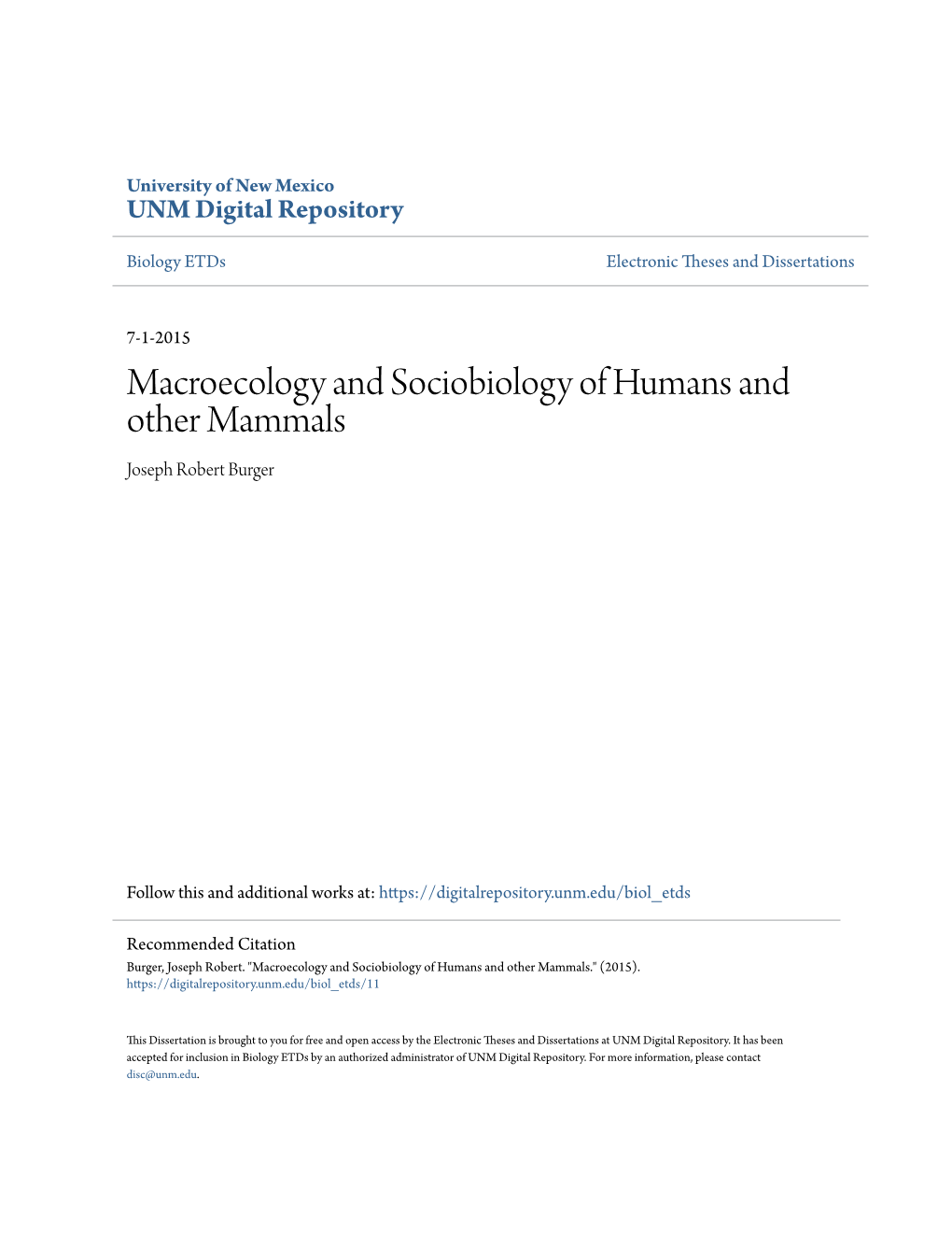 Macroecology and Sociobiology of Humans and Other Mammals Joseph Robert Burger