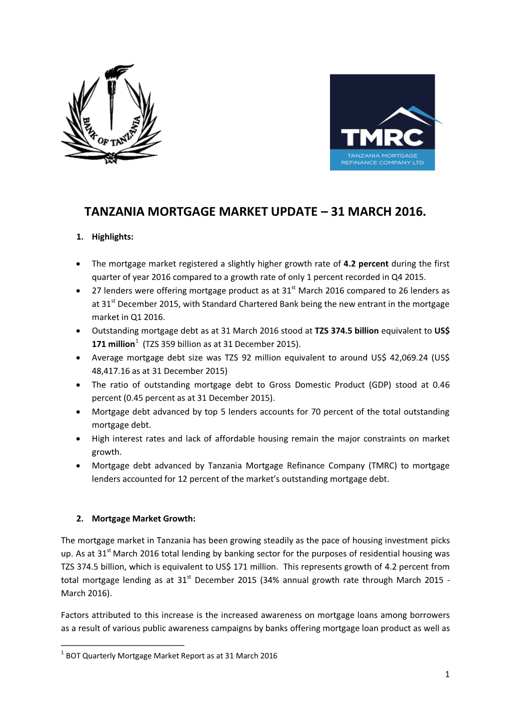 Tanzania Mortgage Market Update – 31 March 2016