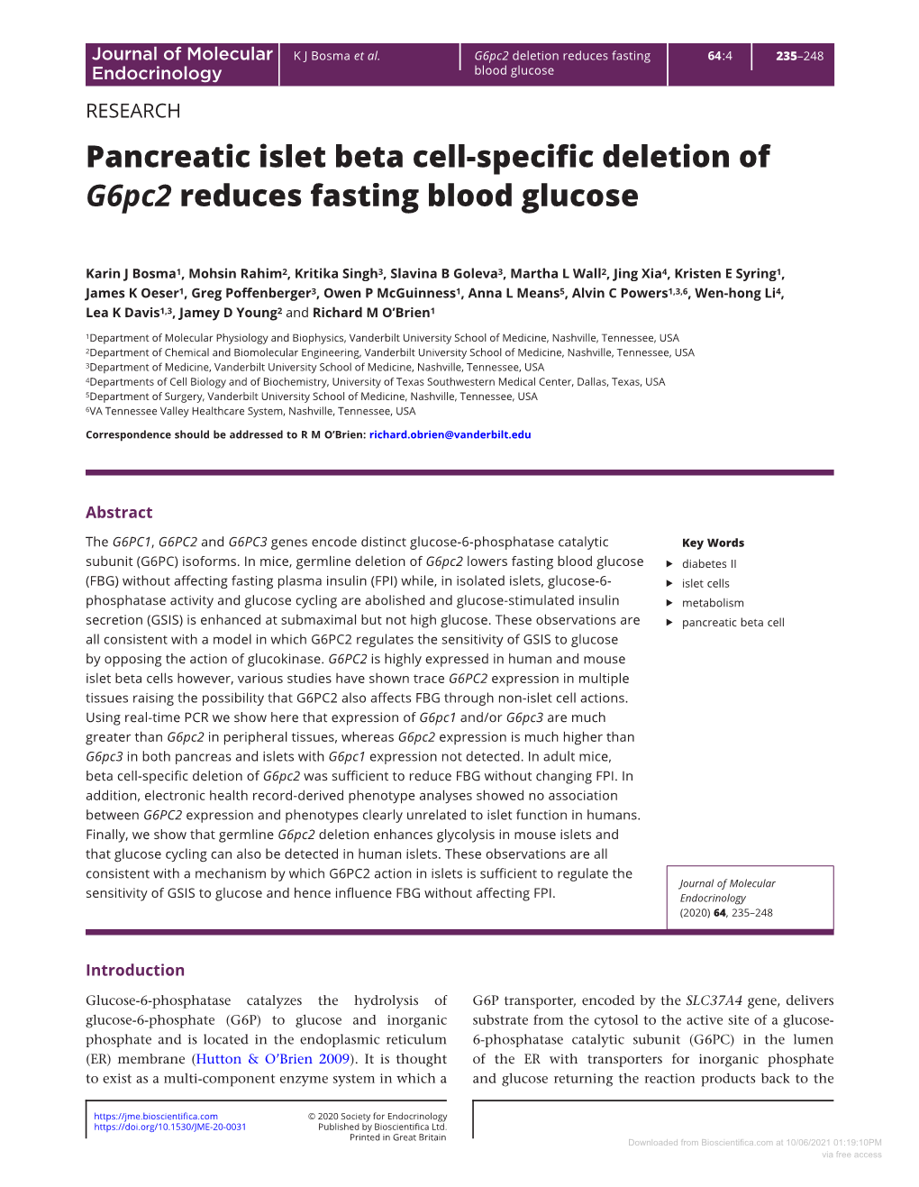 Pancreatic Islet Beta Cell-Specific Deletion of G6pc2 Reduces Fasting Blood Glucose