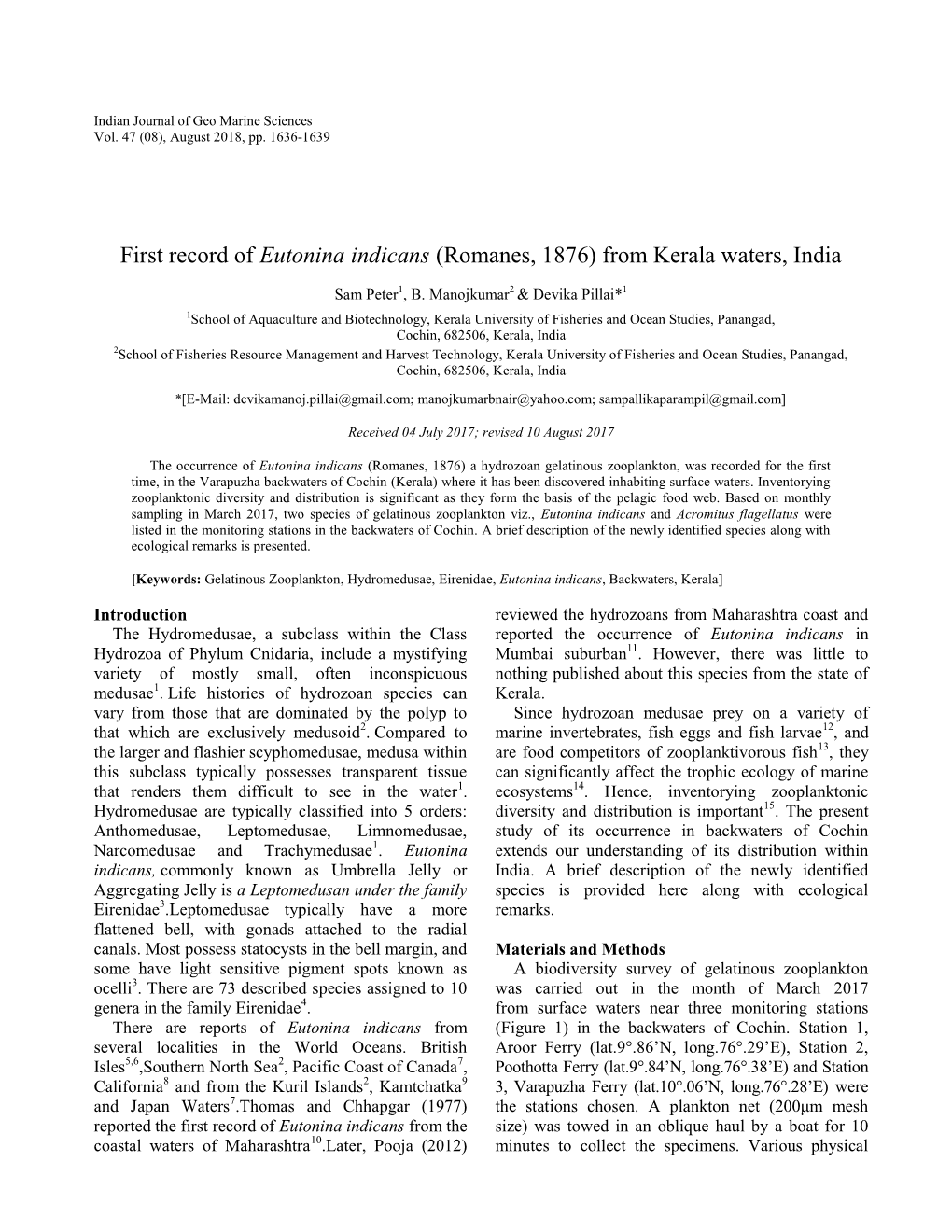 First Record of Eutonina Indicans (Romanes, 1876) from Kerala Waters, India