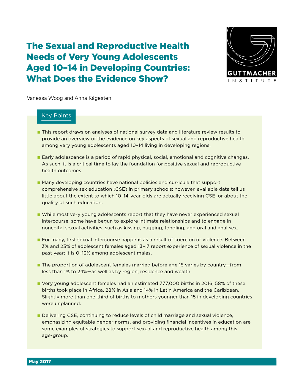 The Sexual and Reproductive Health Needs of Very Young Adolescents Aged 10–14 in Developing Countries: What Does the Evidence Show?