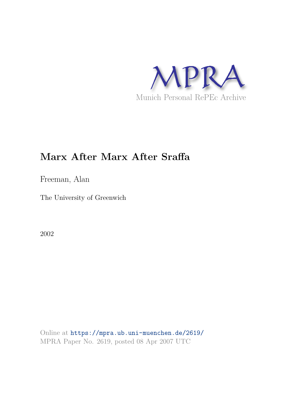 Marx After Marx After Sraffa