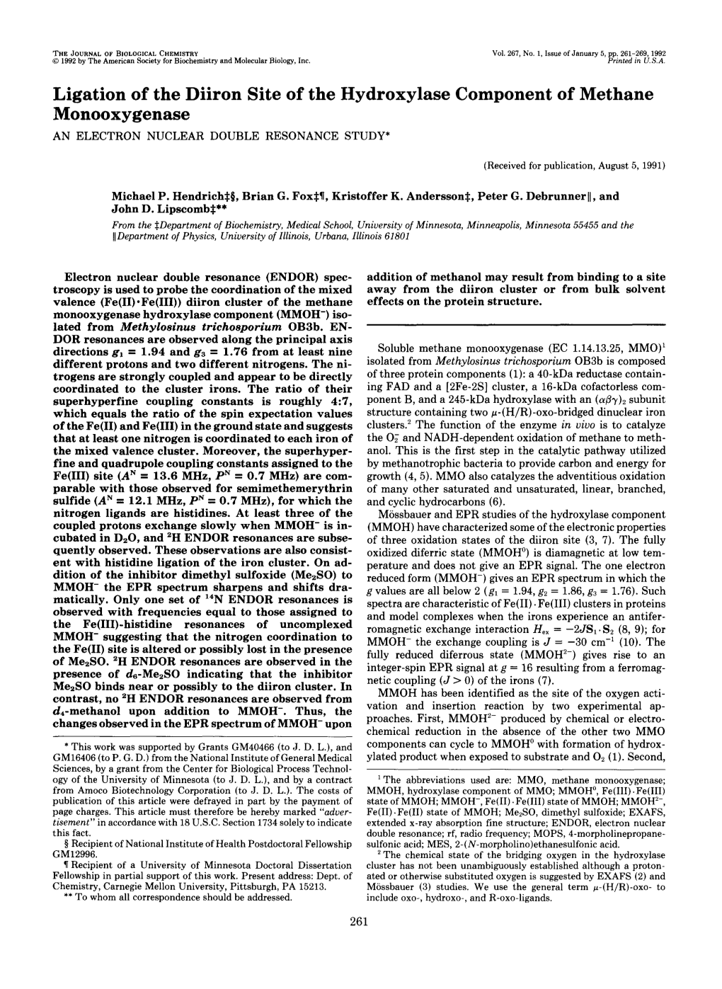 Ligation of the Diiron Site of the Hydroxylase Component of Methane Monooxygenase ANELECTRON NUCLEAR DOUBLE RESONANCE STUDY*