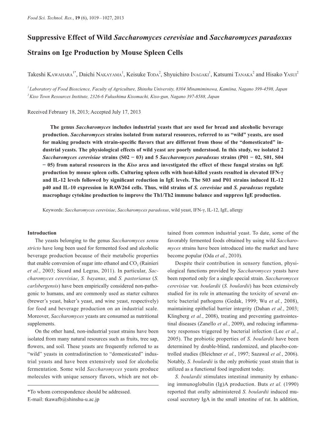 Suppressive Effect of Wild Saccharomyces Cerevisiae and Saccharomyces Paradoxus Strains on Ige Production by Mouse Spleen Cells