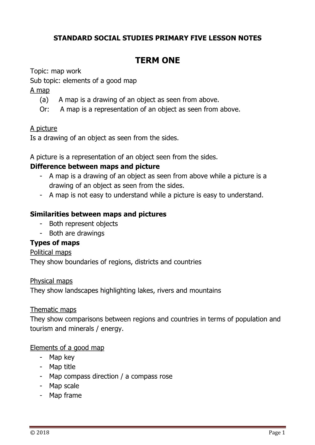 TERM ONE Topic: Map Work Sub Topic: Elements of a Good Map a Map (A) a Map Is a Drawing of an Object As Seen from Above