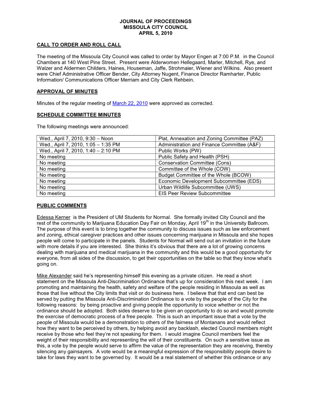 Journal of Proceedings Missoula City Council April 5, 2010