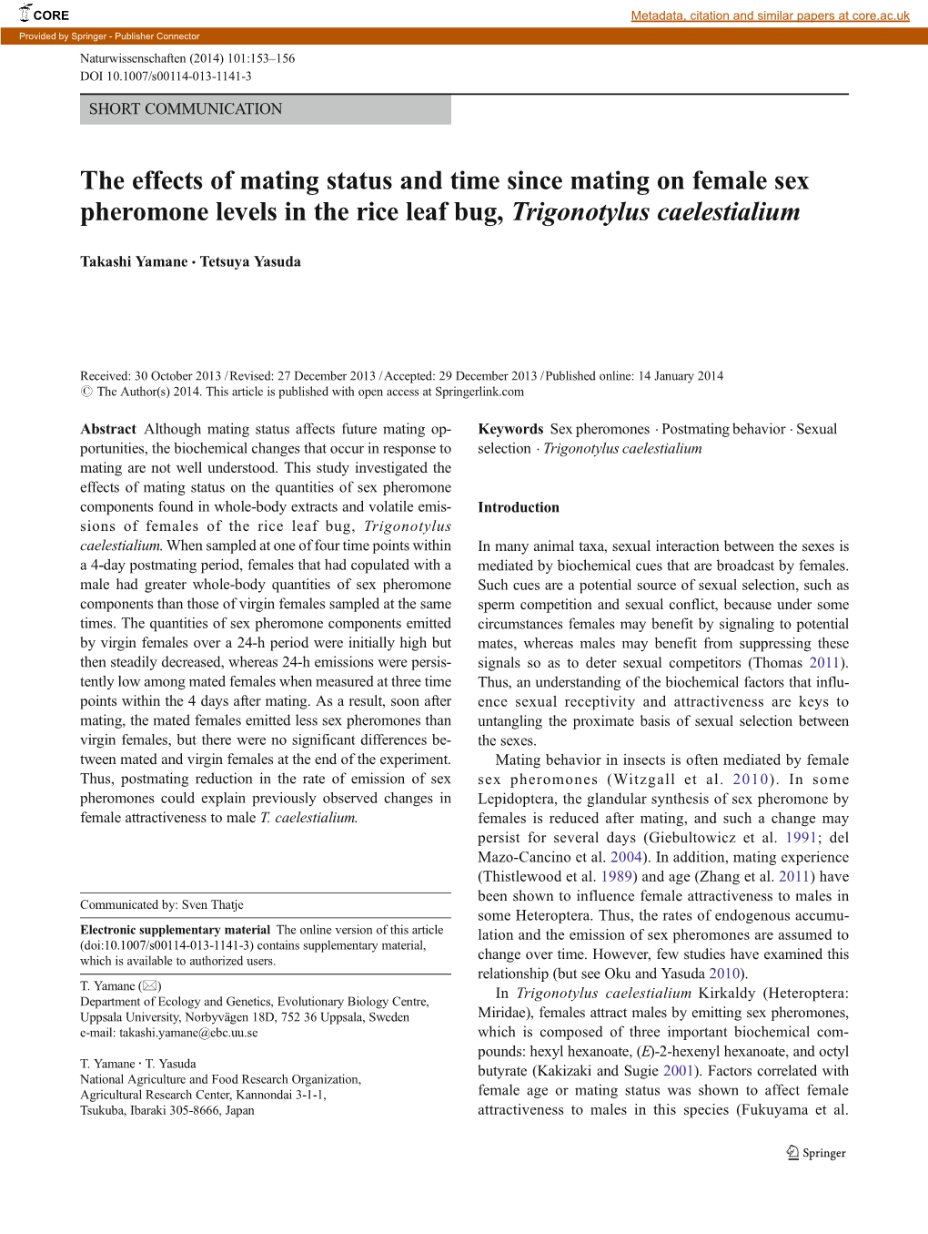 The Effects of Mating Status and Time Since Mating on Female Sex Pheromone Levels in the Rice Leaf Bug, Trigonotylus Caelestialium