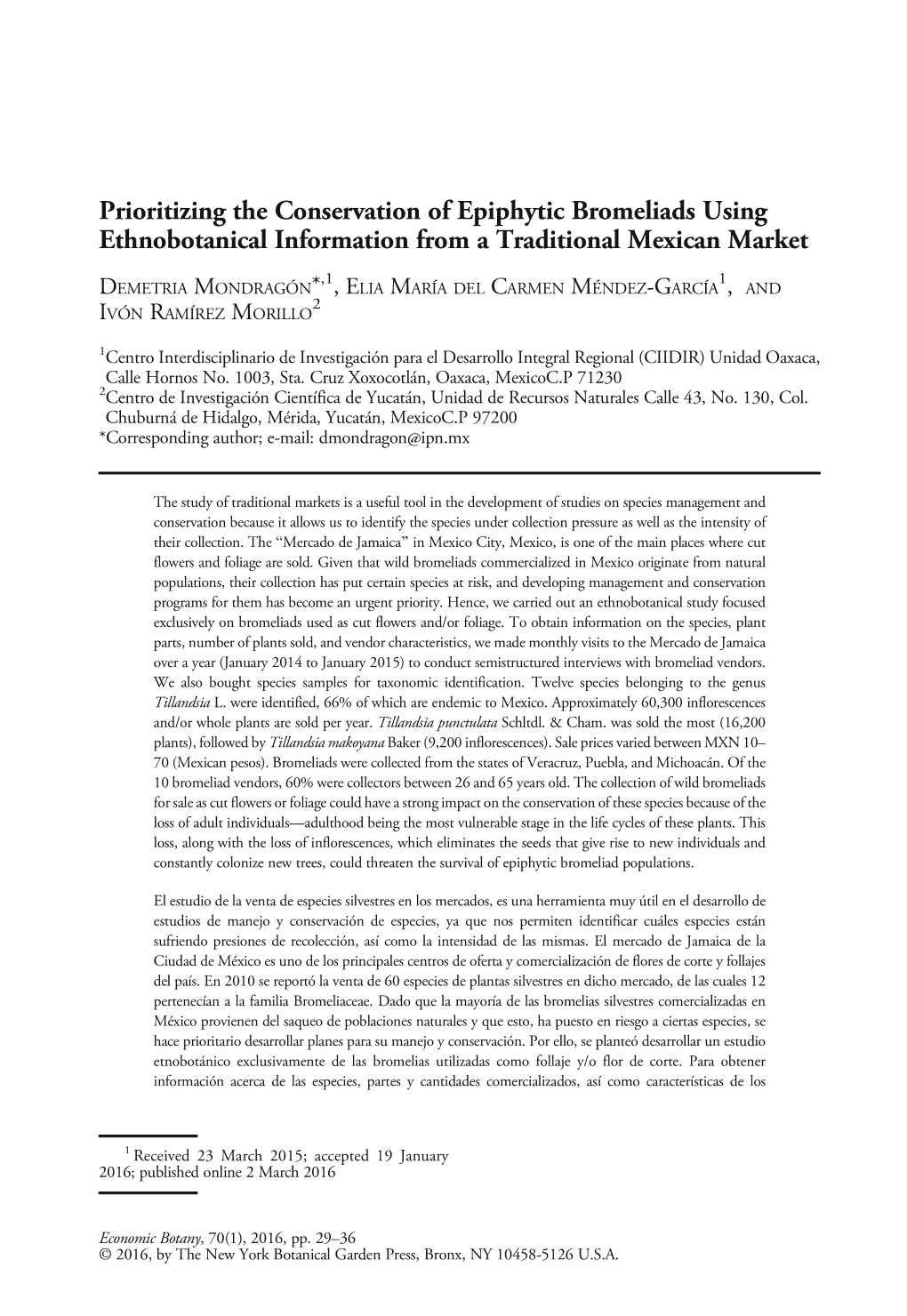 Prioritizing the Conservation of Epiphytic Bromeliads Using Ethnobotanical Information from a Traditional Mexican Market