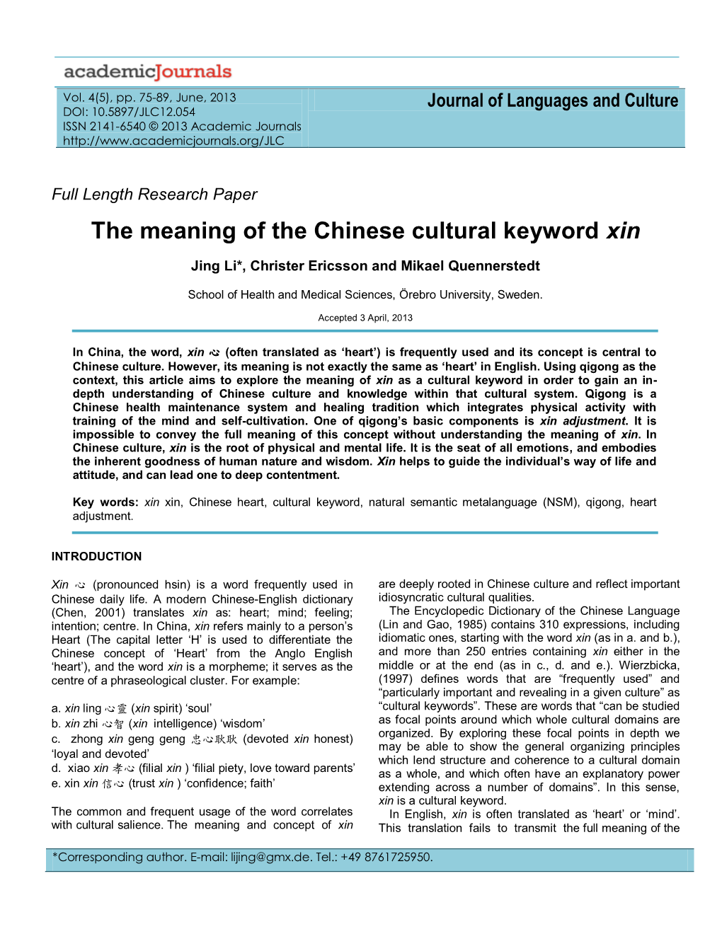 The Meaning of the Chinese Cultural Keyword Xin