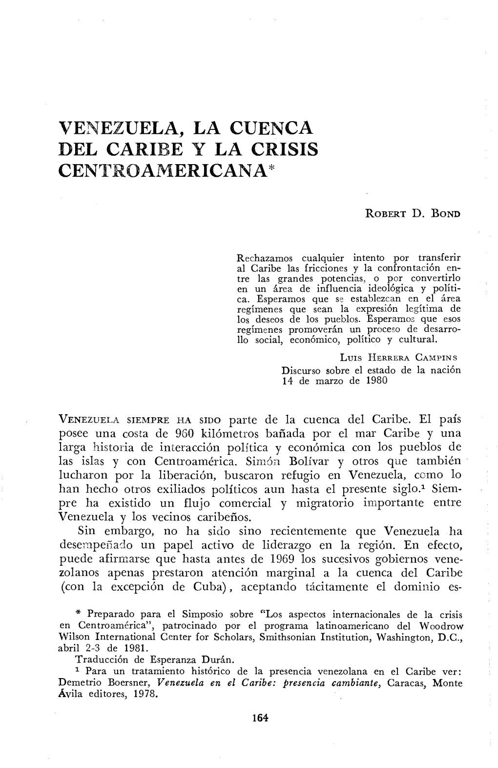 Venezuela, La Cuenca Del Caribe Y La Crisis Centroamericana*