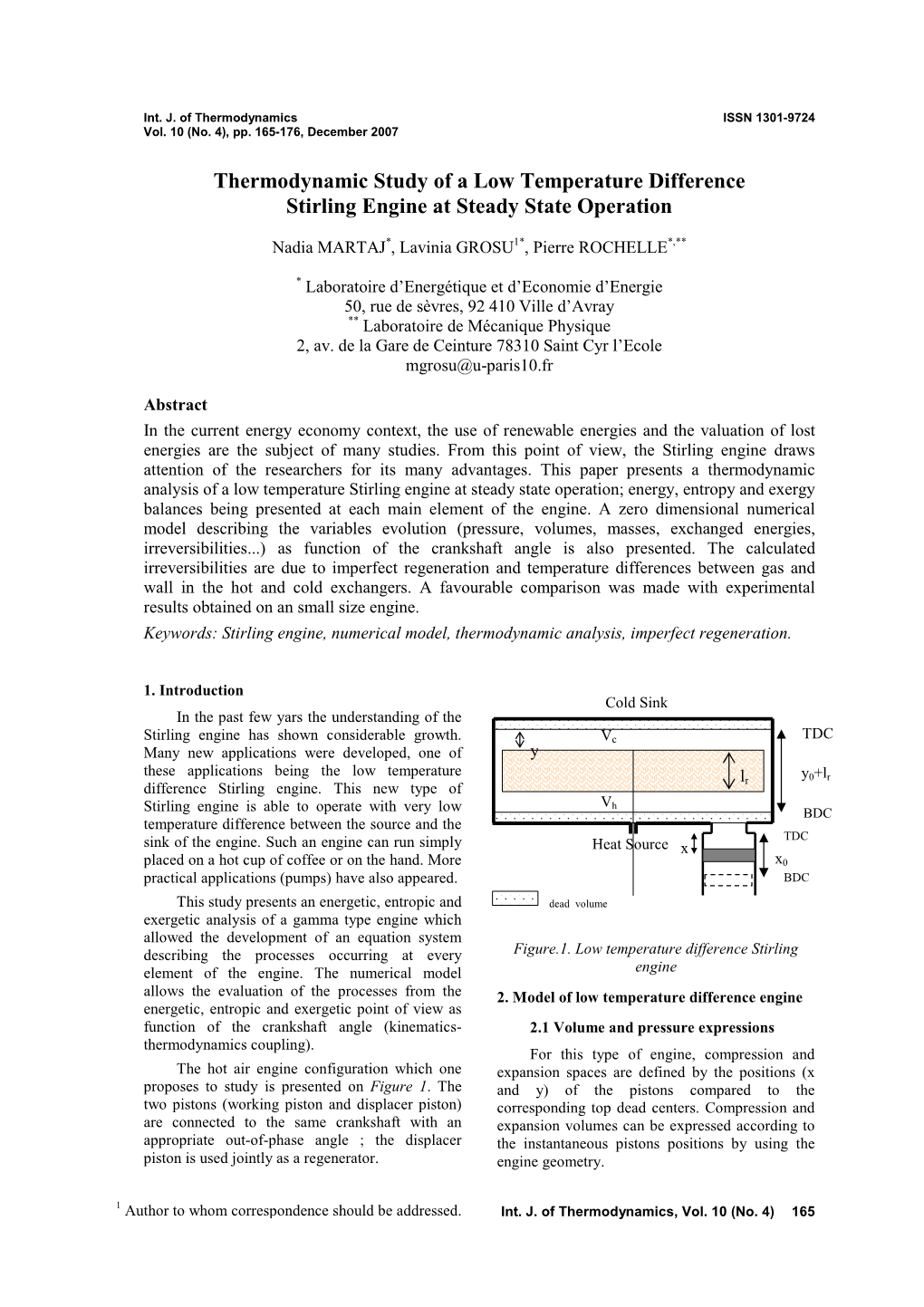 Thermodynamic Study of a Low Temperature Difference Stirling Engine at Steady State Operation