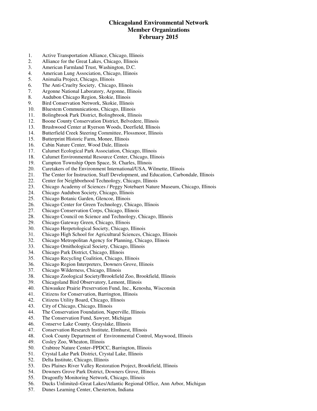 Chicagoland Environmental Network Member Organizations February 2015