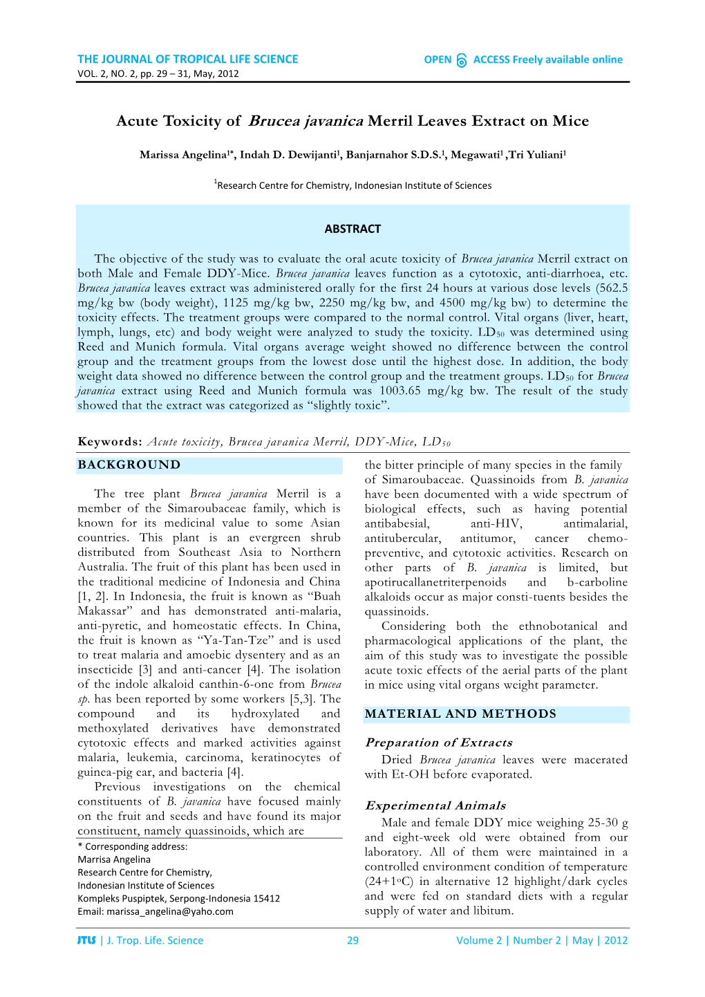 Acute Toxicity of Brucea Javanica Merril Leaves Extract on Mice