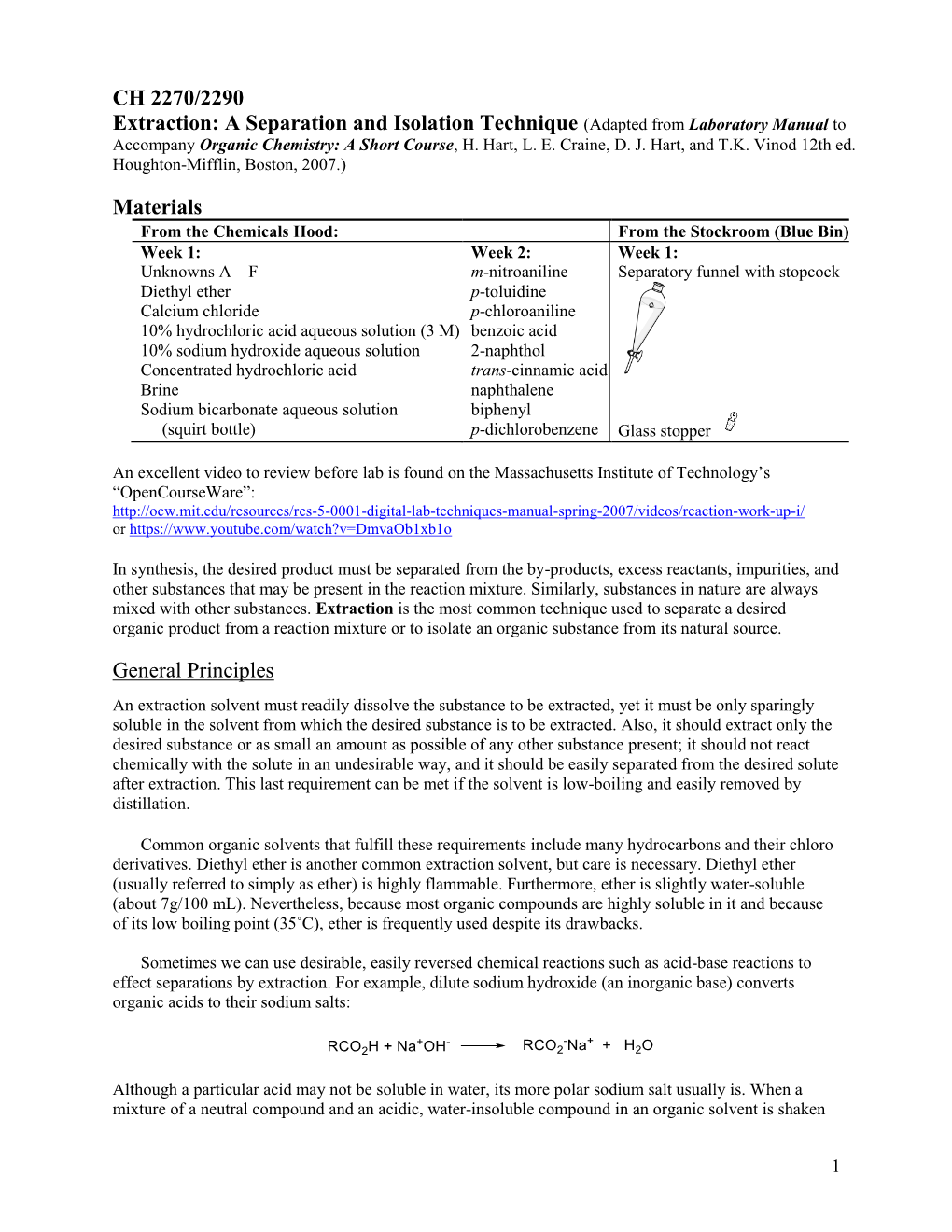 CH 2270/2290 Extraction: a Separation and Isolation Technique (Adapted from Laboratory Manual to Accompany Organic Chemistry: a Short Course, H